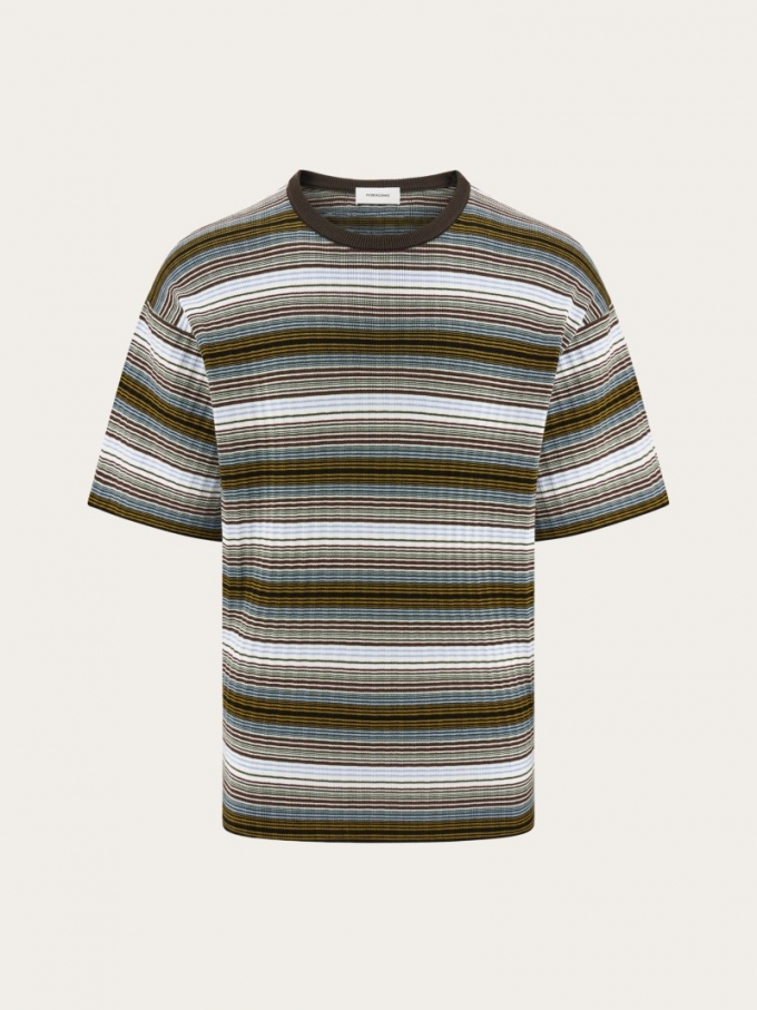 Ferragamo | Men's Short Sleeved Striped Polo Shirt - White/Expresso/Oxblood