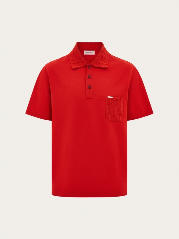 Ferragamo | Men's V-Neck Polo With Jacquard Pocket Detail -