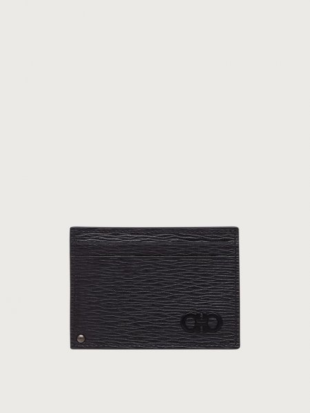 Ferragamo | Men's Gancini Card Holder With Pull-Out Id Window - Black/Dark Rain