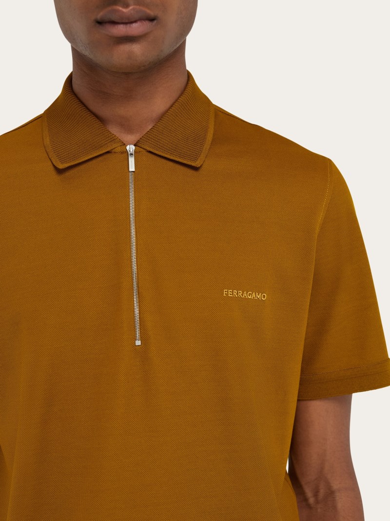 Ferragamo | Men's Polo Shirt With Zip Collar - Burnt Ocher