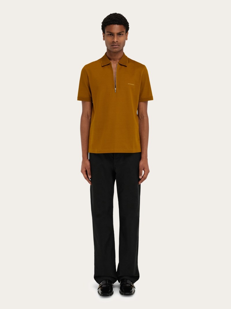 Ferragamo | Men's Polo Shirt With Zip Collar - Burnt Ocher
