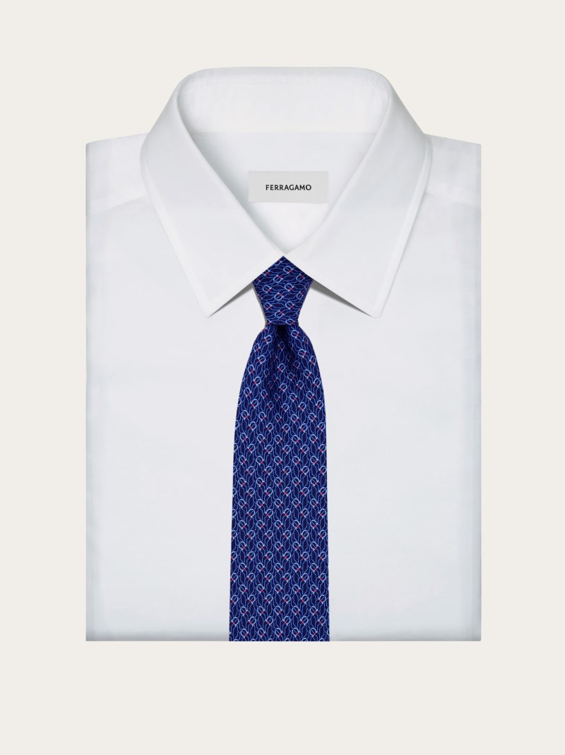 Ferragamo | Men's Tetris Print Silk Tie - Navy Blue