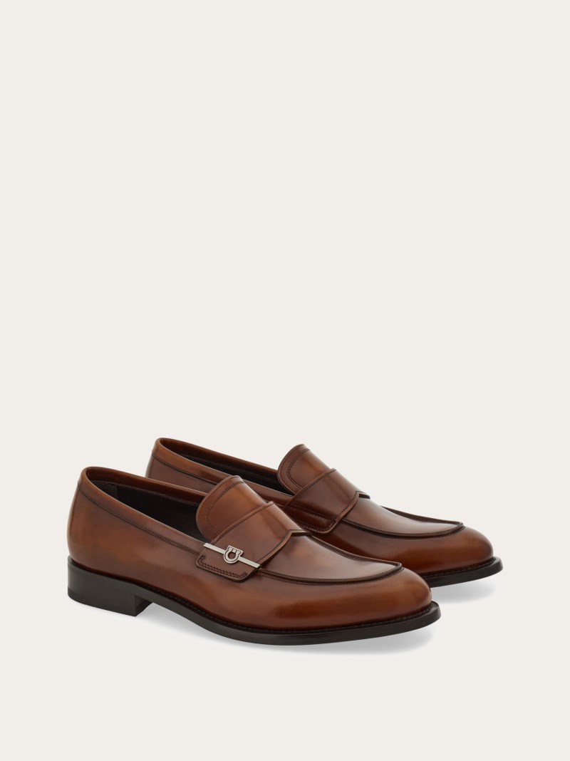 Ferragamo | Men's Penny Loafer With Gancini Ornament - Leather/Dark Brown