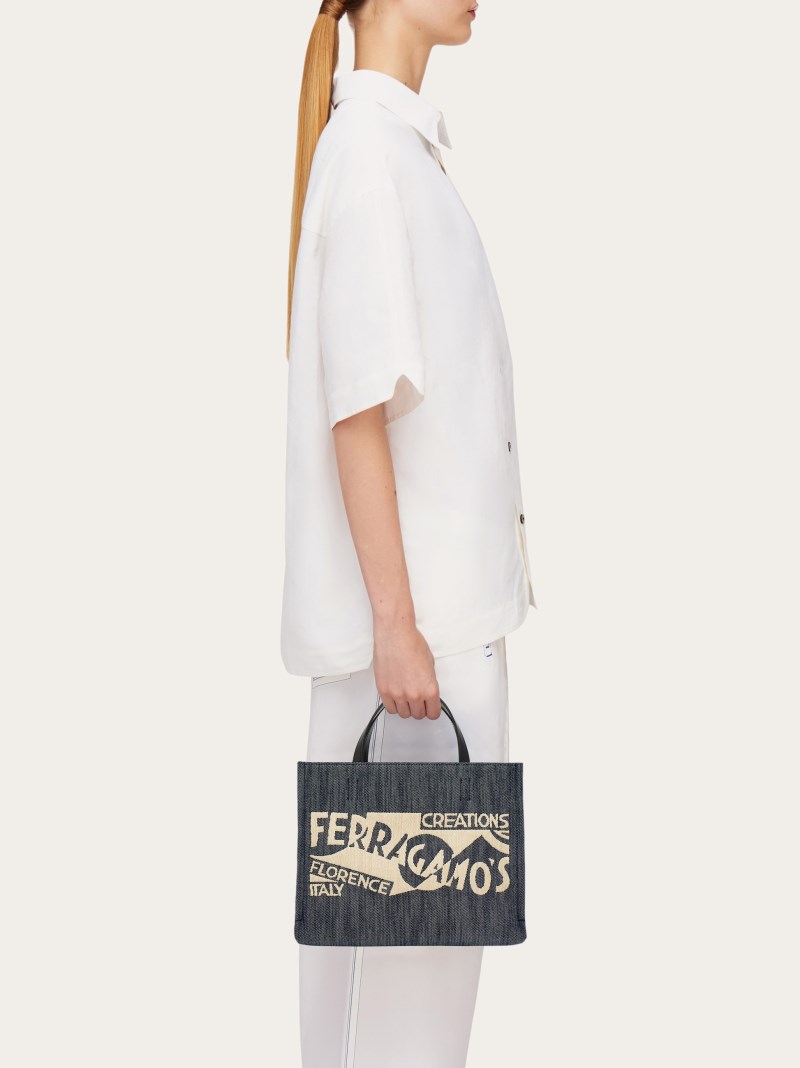 Ferragamo | Women's Tote Bag With Logo - Denim/Natural