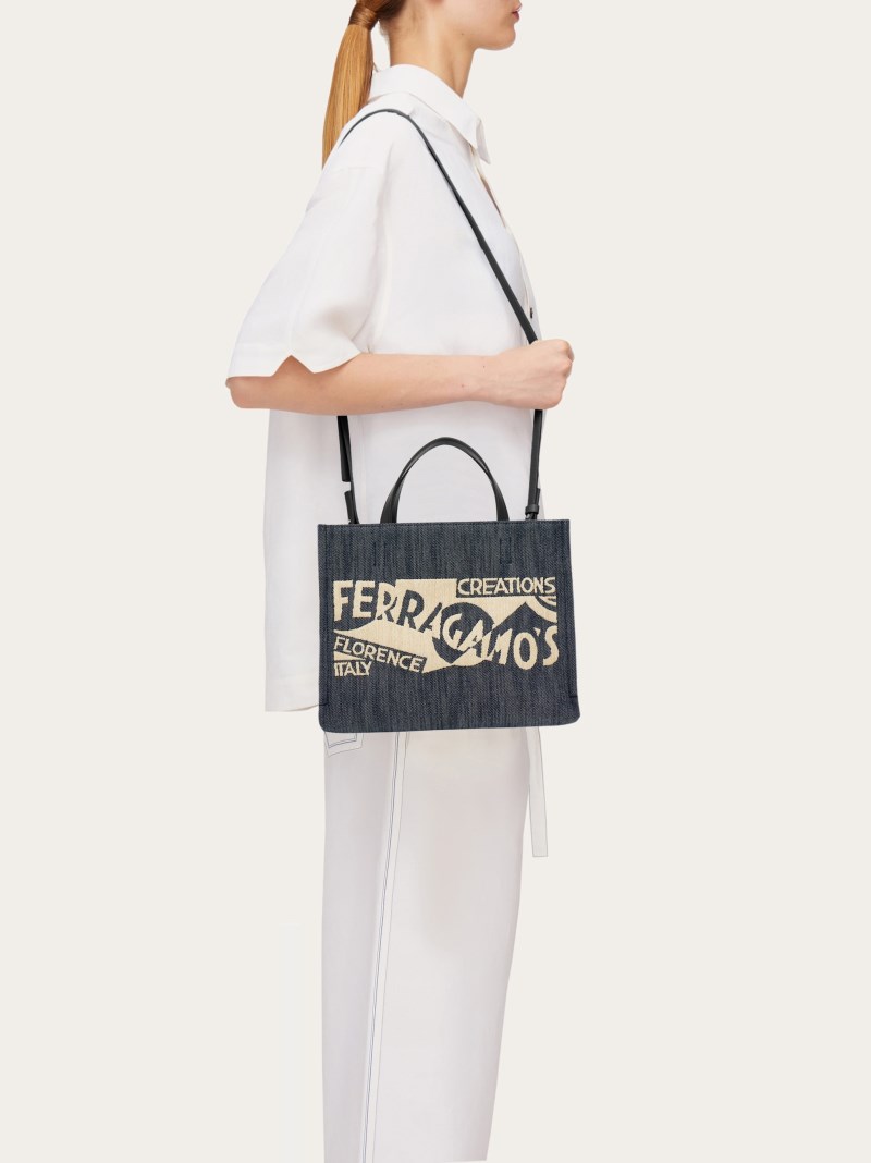 Ferragamo | Women's Tote Bag With Logo - Denim/Natural