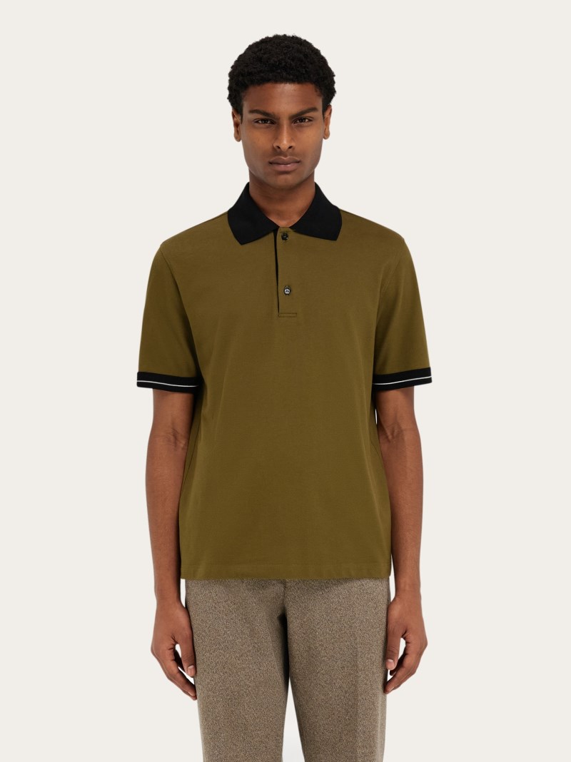 Ferragamo | Men's Polo Shirt With Color Block Detail - Olive Green/Black/White