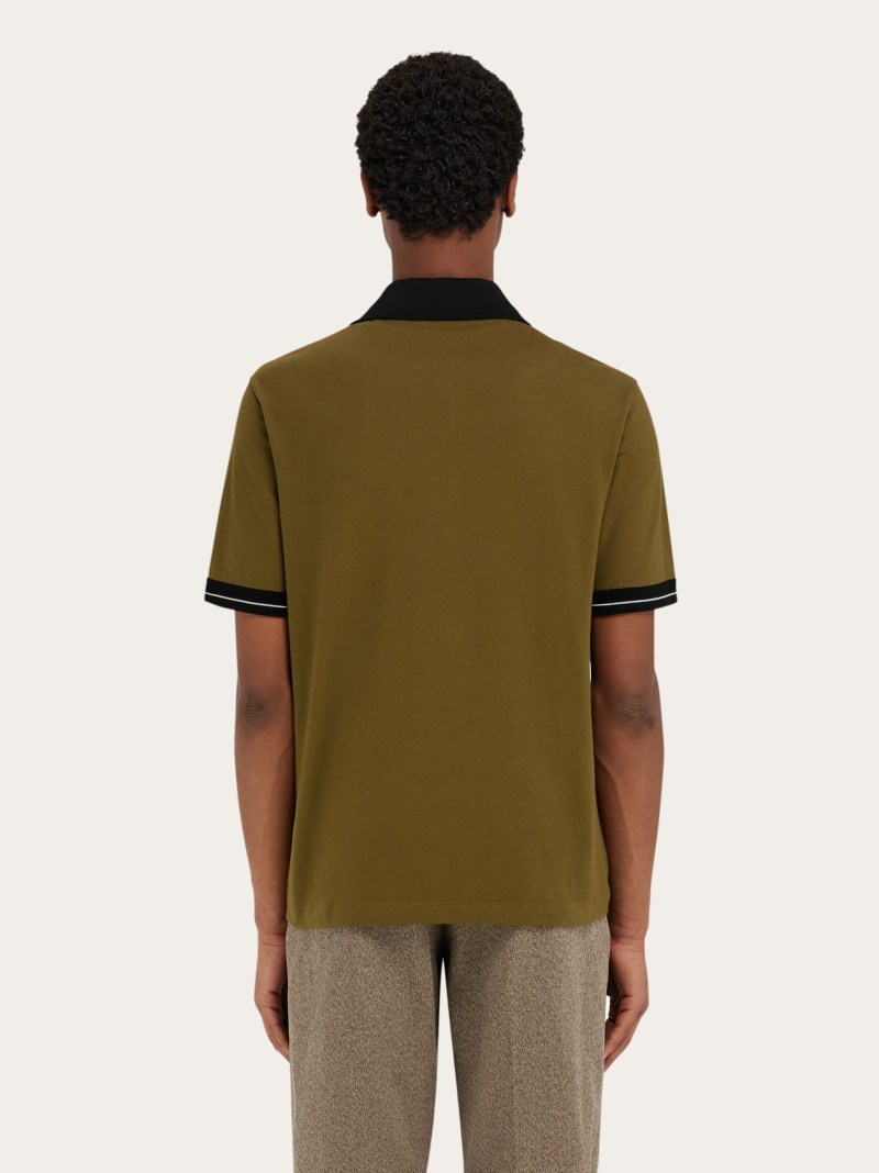 Ferragamo | Men's Polo Shirt With Color Block Detail - Olive Green/Black/White