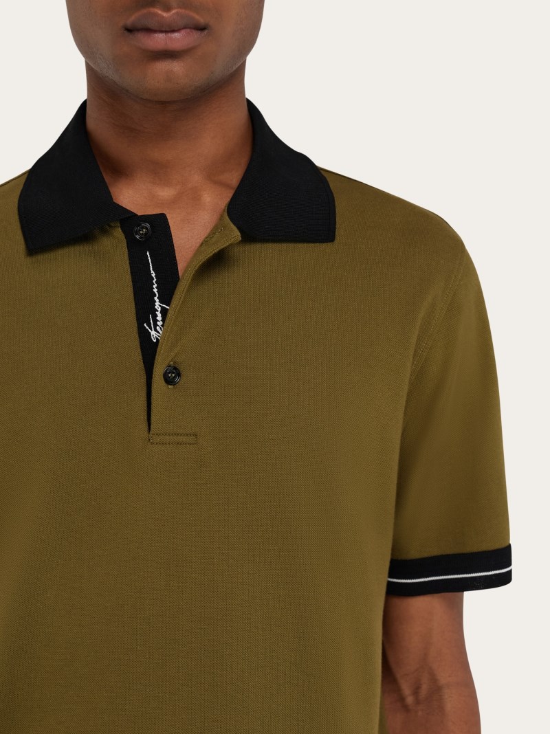 Ferragamo | Men's Polo Shirt With Color Block Detail - Olive Green/Black/White