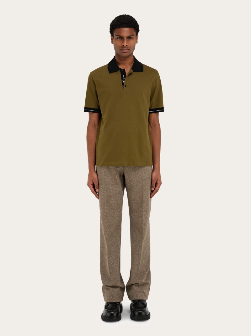 Ferragamo | Men's Polo Shirt With Color Block Detail - Olive Green/Black/White