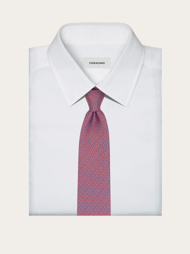 Ferragamo | Men's Square Gancini Print Silk Tie - Red