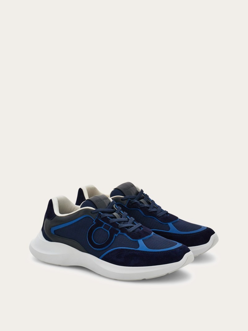 Ferragamo | Men's Low Top Sneaker With Gancini Ornament - Navy Blue