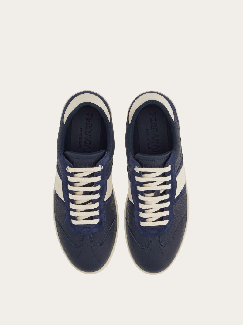 Ferragamo | Men's Low Top Sneaker With Signature - Marine Blue/Mascarpone