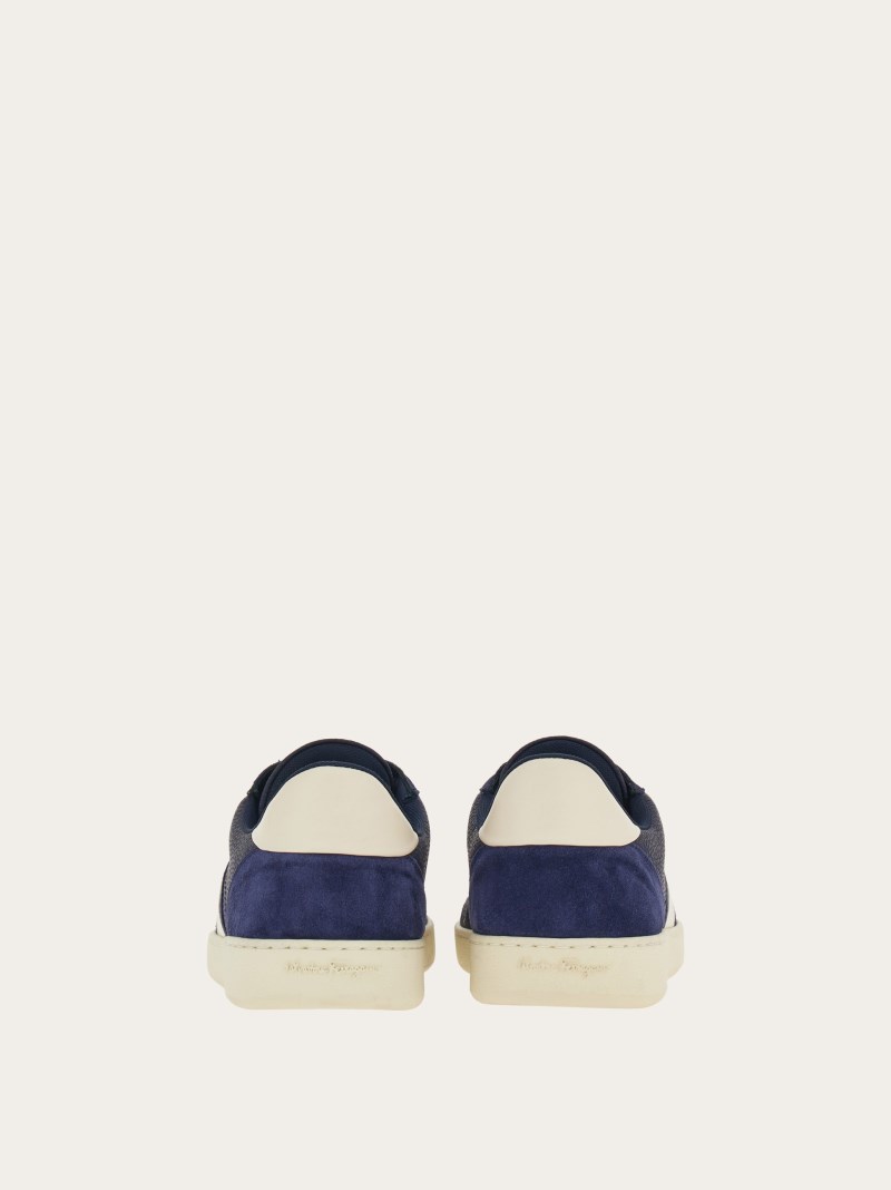 Ferragamo | Men's Low Top Sneaker With Signature - Marine Blue/Mascarpone