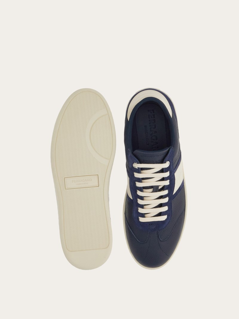 Ferragamo | Men's Low Top Sneaker With Signature - Marine Blue/Mascarpone