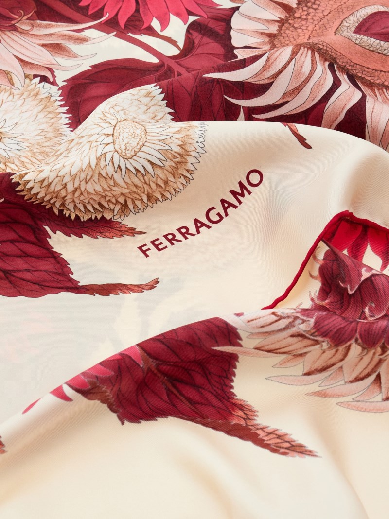 Ferragamo | Women's Sunflower Print Silk Scarf - Ivory/Bordeaux/Fuchsia