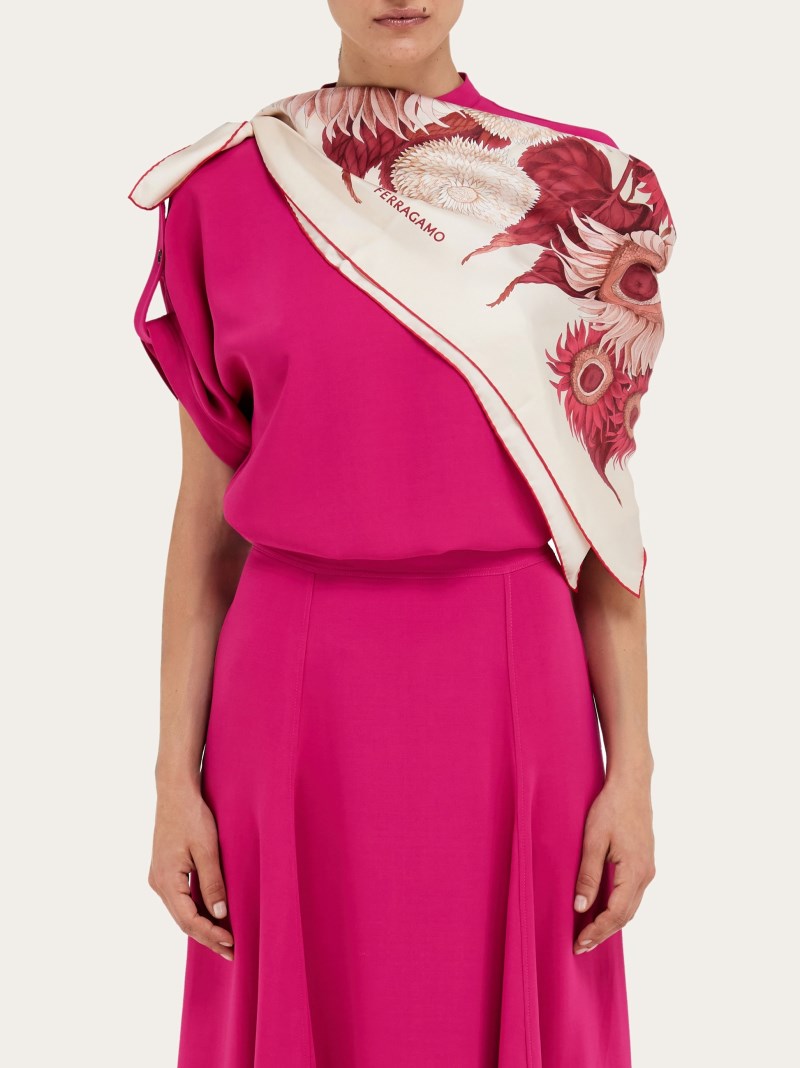 Ferragamo | Women's Sunflower Print Silk Scarf - Ivory/Bordeaux/Fuchsia