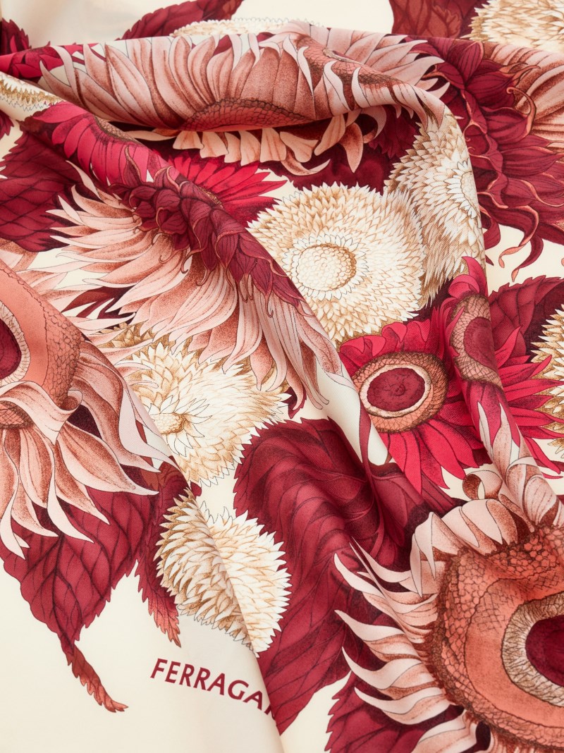 Ferragamo | Women's Sunflower Print Silk Scarf - Ivory/Bordeaux/Fuchsia