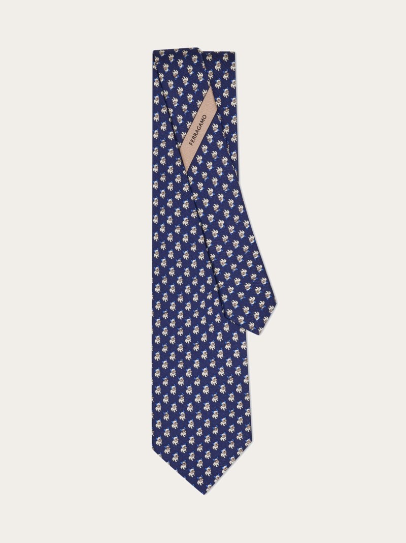 Ferragamo | Men's Bulldog Print Silk Tie - Navy Blue