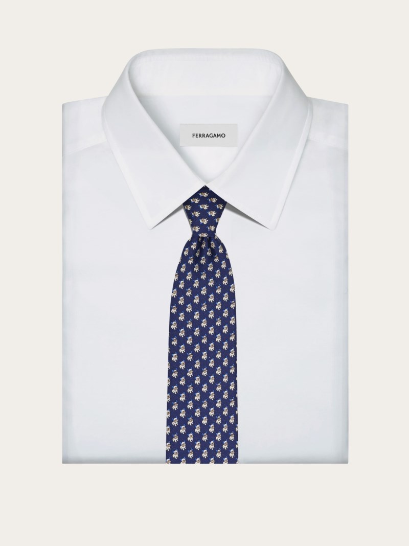 Ferragamo | Men's Bulldog Print Silk Tie - Navy Blue