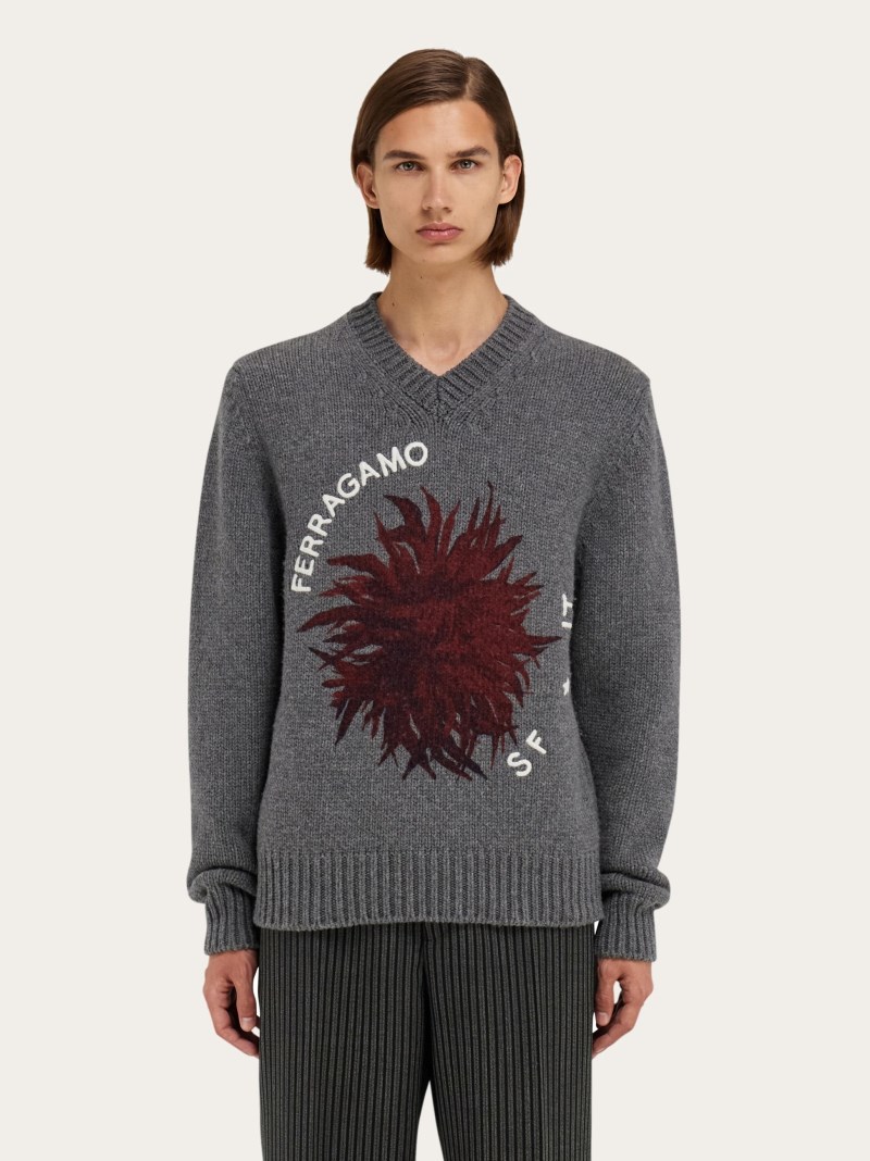 Ferragamo | Men's Knitted Sweater With Dahlia Motif - Grey M