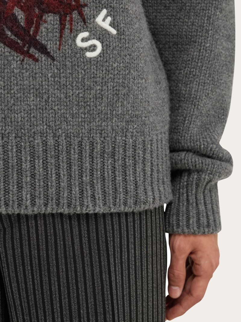 Ferragamo | Men's Knitted Sweater With Dahlia Motif - Grey M