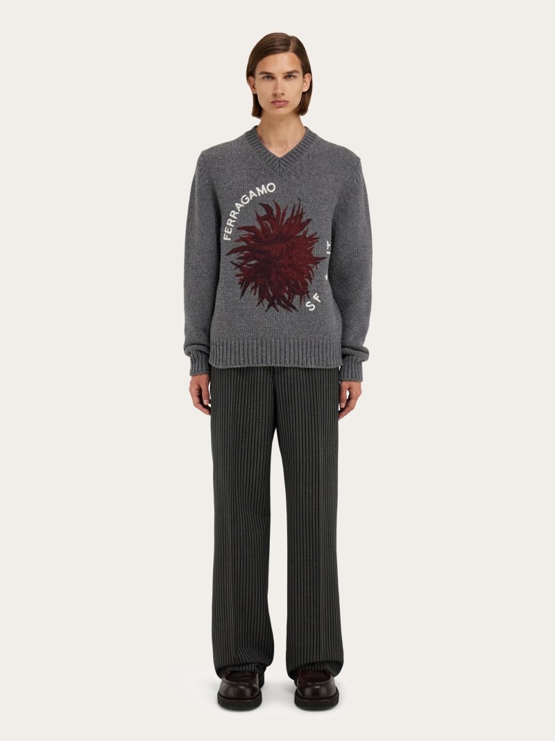 Ferragamo | Men's Knitted Sweater With Dahlia Motif - Grey M
