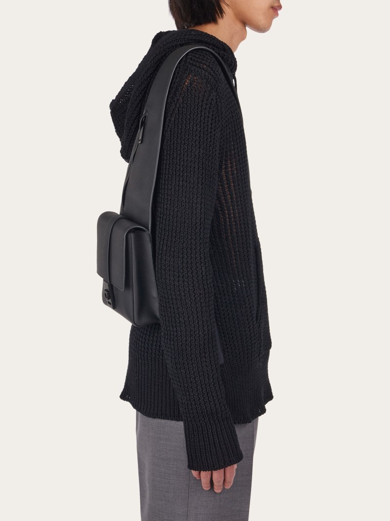 Ferragamo | Men's Asymmetric Shoulder Bag With Gancini Buckles - Black