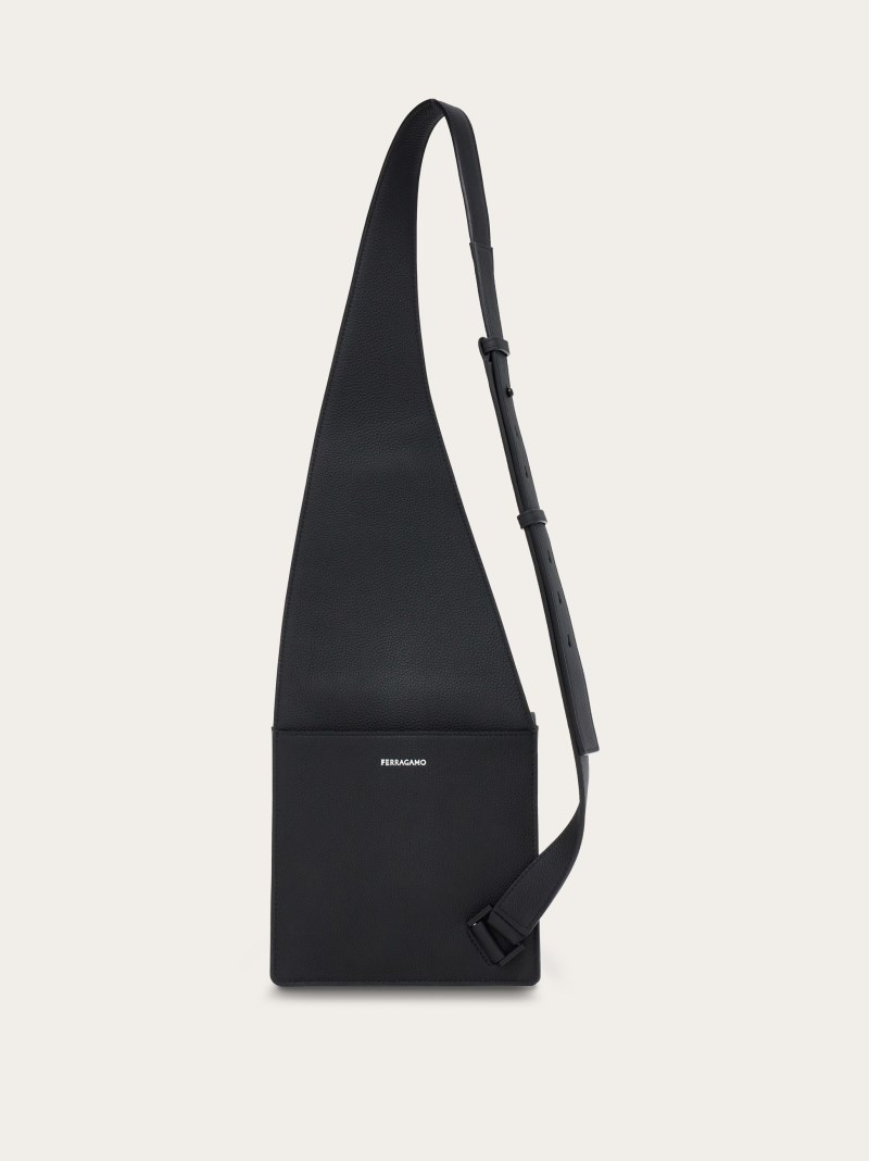 Ferragamo | Men's Asymmetric Shoulder Bag With Gancini Buckles - Black