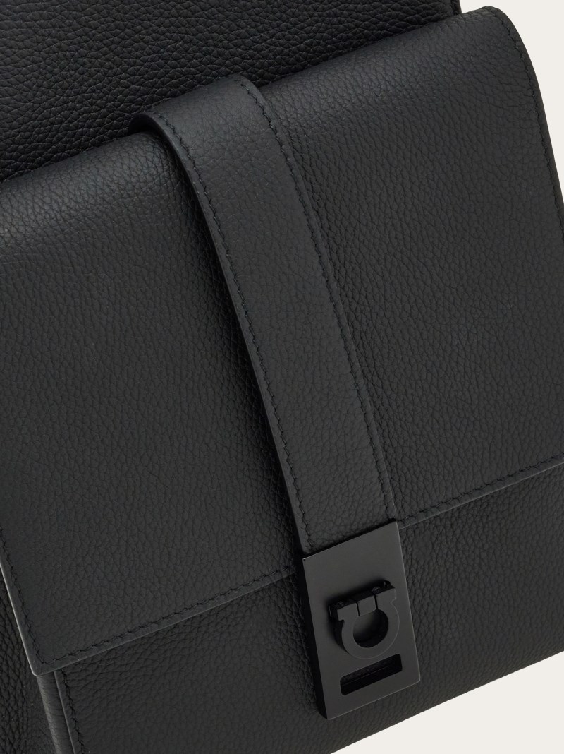 Ferragamo | Men's Asymmetric Shoulder Bag With Gancini Buckles - Black