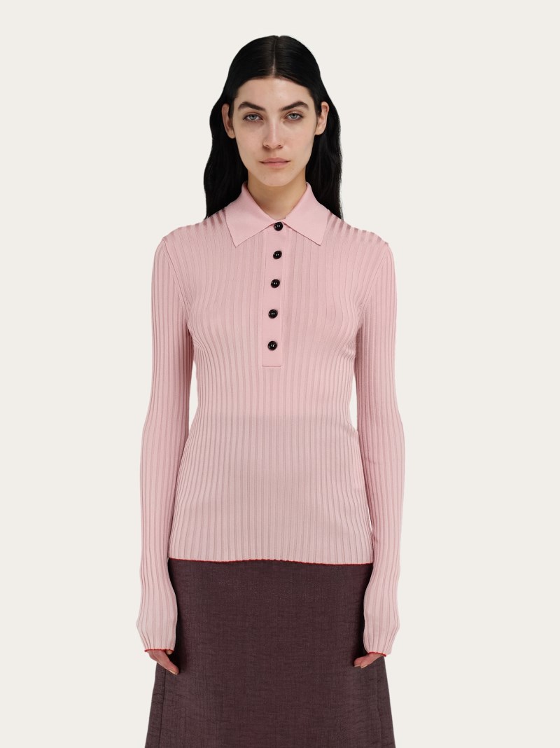 Ferragamo | Women's Long Sleeved Ribbed Knit Polo Top - Cotton Candy
