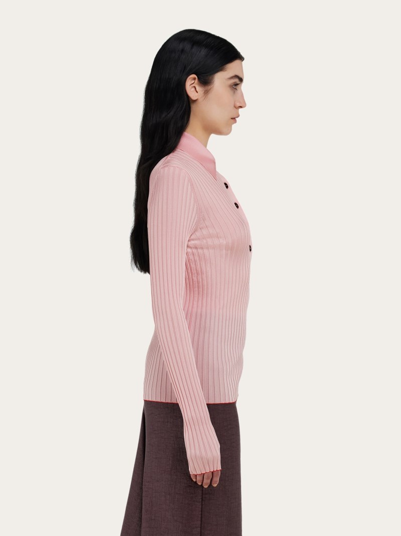 Ferragamo | Women's Long Sleeved Ribbed Knit Polo Top - Cotton Candy