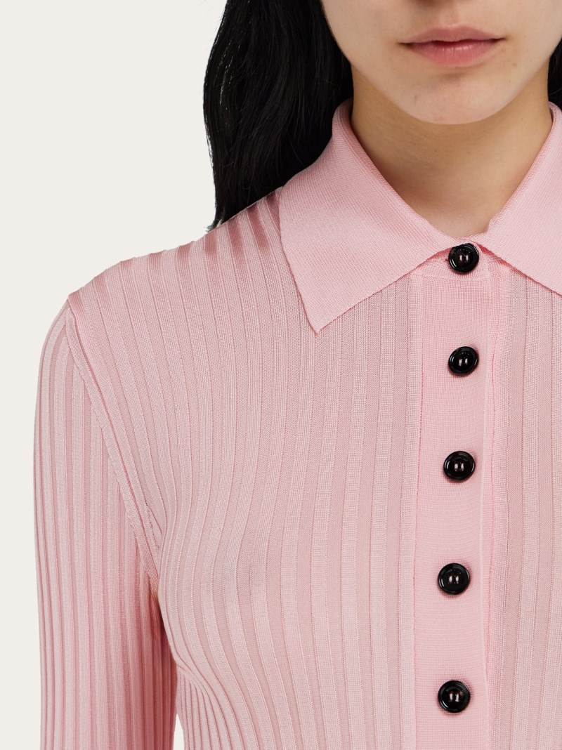 Ferragamo | Women's Long Sleeved Ribbed Knit Polo Top - Cotton Candy