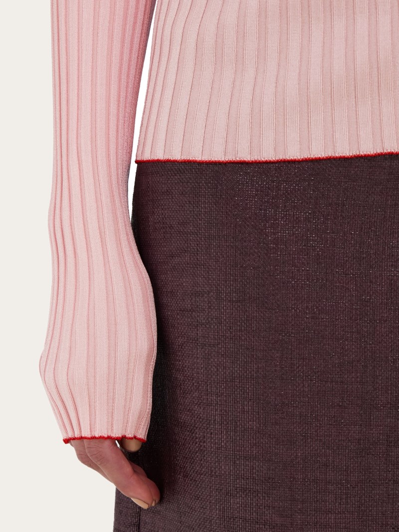 Ferragamo | Women's Long Sleeved Ribbed Knit Polo Top - Cotton Candy