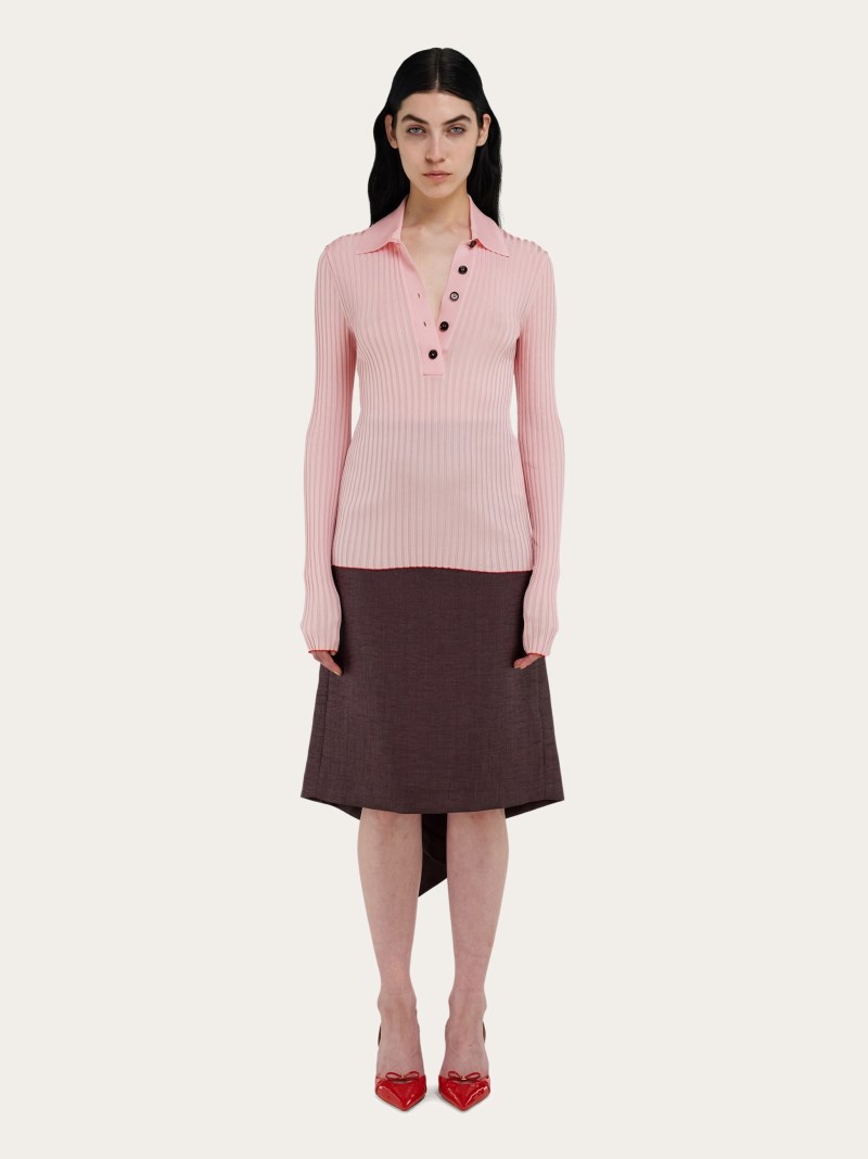 Ferragamo | Women's Long Sleeved Ribbed Knit Polo Top - Cotton Candy