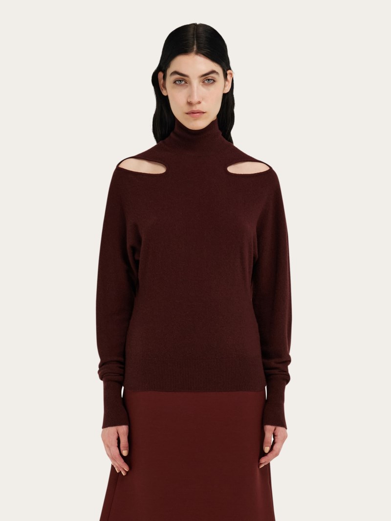Ferragamo | Women's Knitted Mock Neck Top With Cut Out Detail - Dark Oxblood