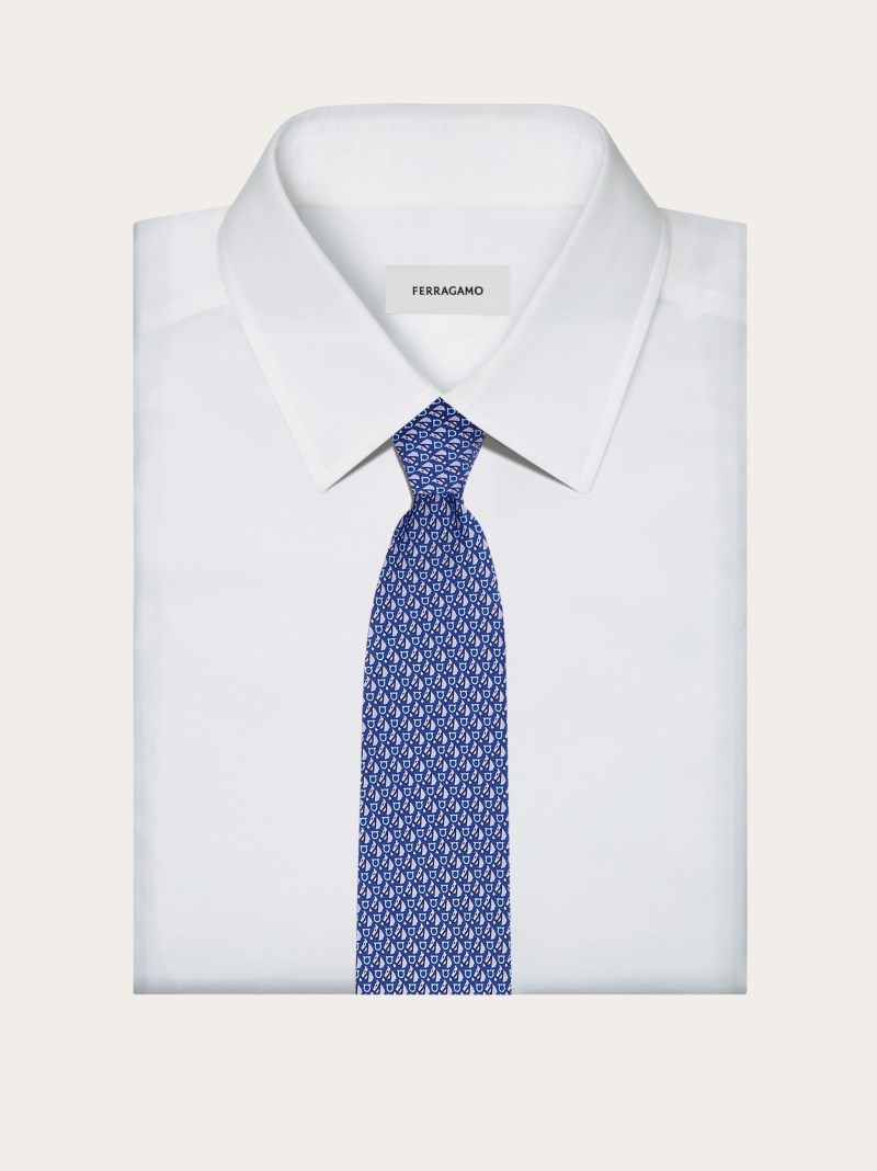 Ferragamo | Men's Equestrian Print Silk Tie - Navy Blue