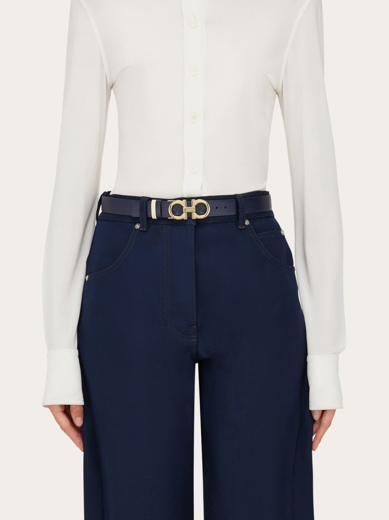 Ferragamo | Women's Reversible And Adjustable Gancini Belt - Midnight Blue/Mascarpone