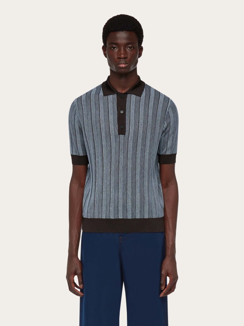 Ferragamo | Men's Polo With Vertical Stripes - Espresso/Light Blue