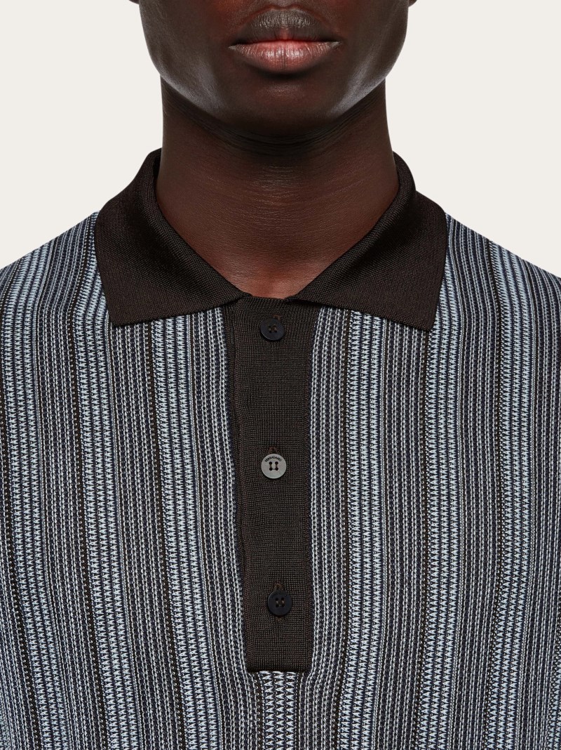 Ferragamo | Men's Polo With Vertical Stripes - Espresso/Light Blue