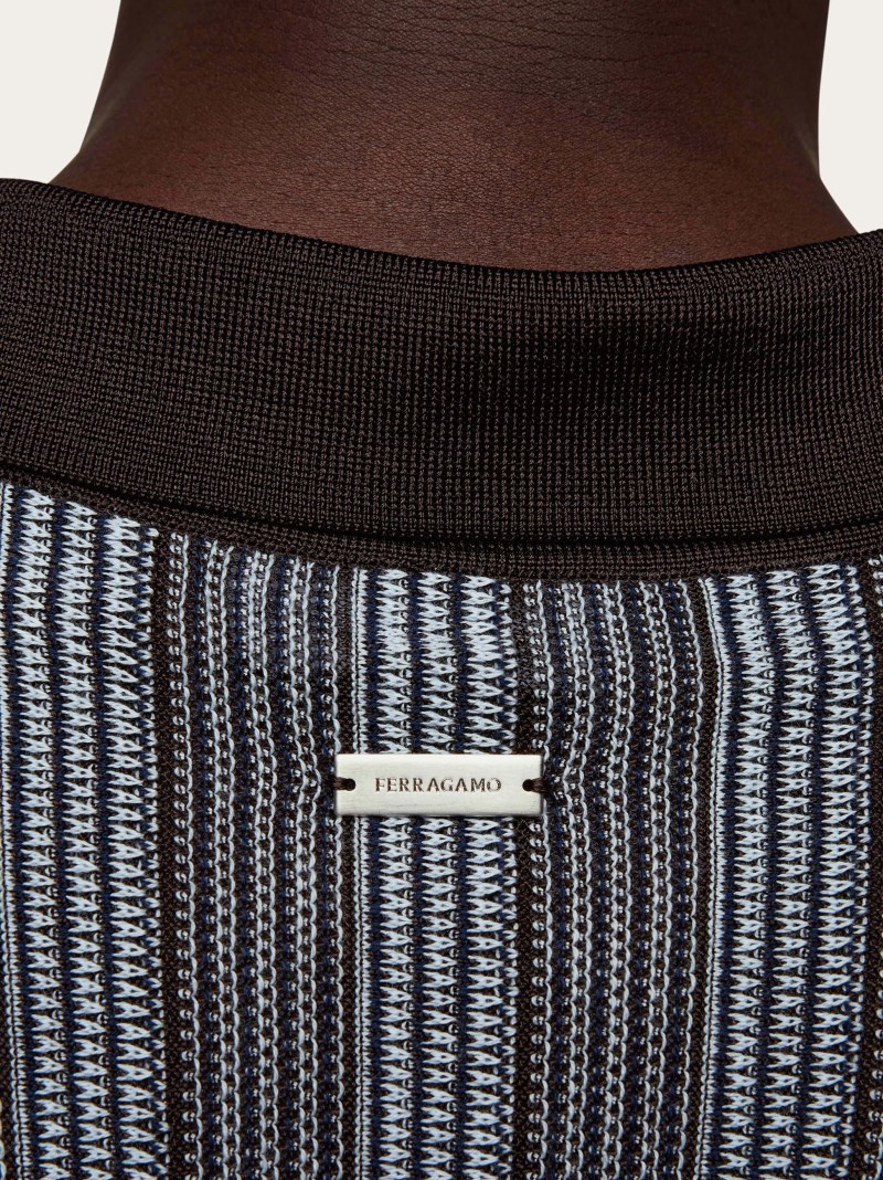 Ferragamo | Men's Polo With Vertical Stripes - Espresso/Light Blue