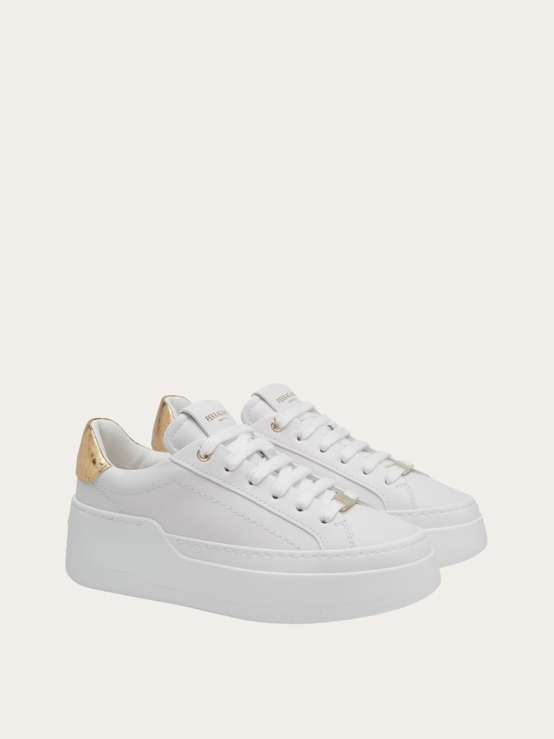 Ferragamo | Women's Wedge Sneaker - Optic White/Gold