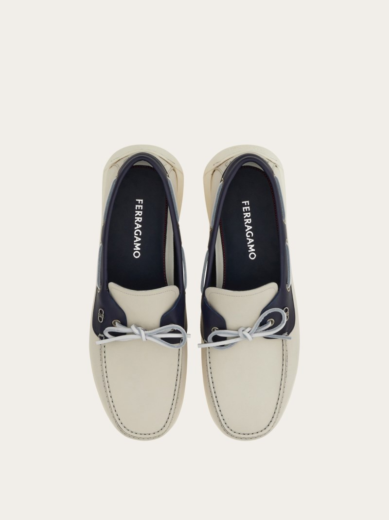 Ferragamo | Men's Boat Shoe With Gancini Ornament - Mascarpone/Navy Blue
