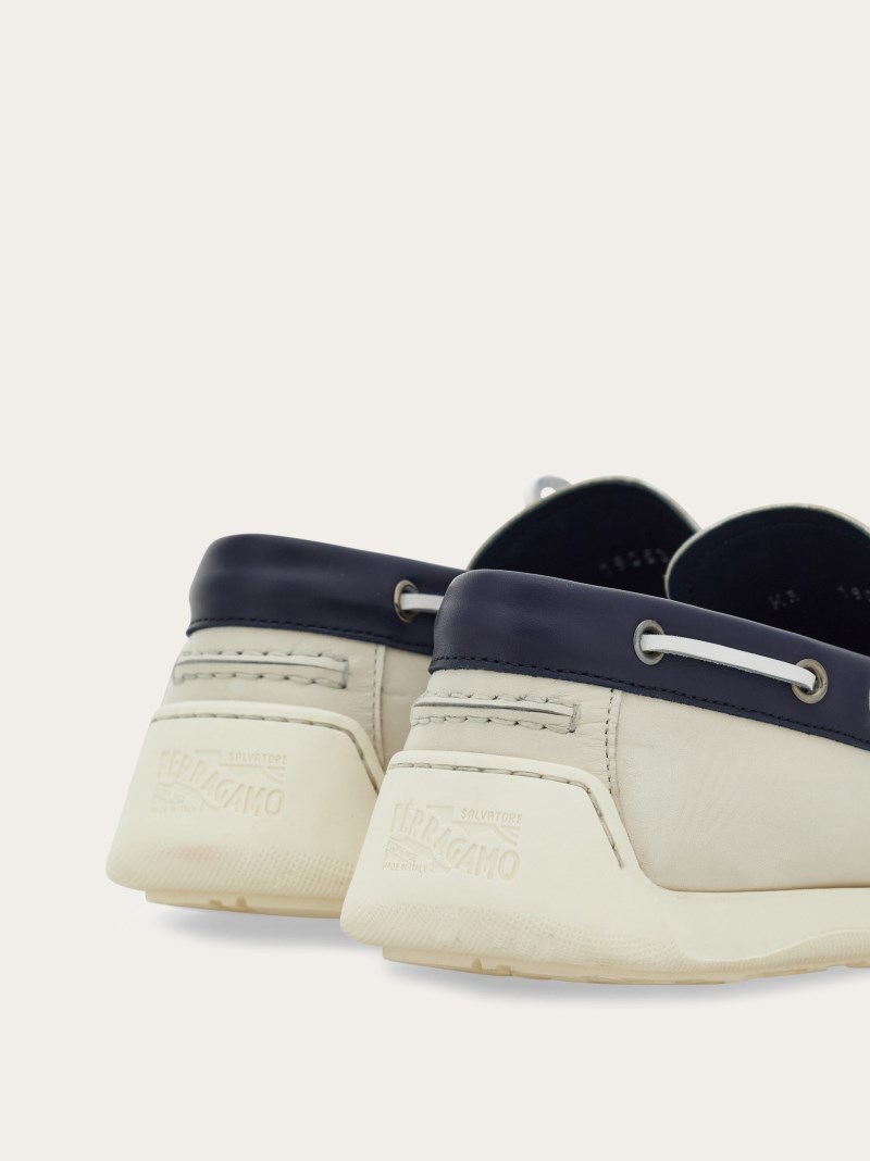 Ferragamo | Men's Boat Shoe With Gancini Ornament - Mascarpone/Navy Blue