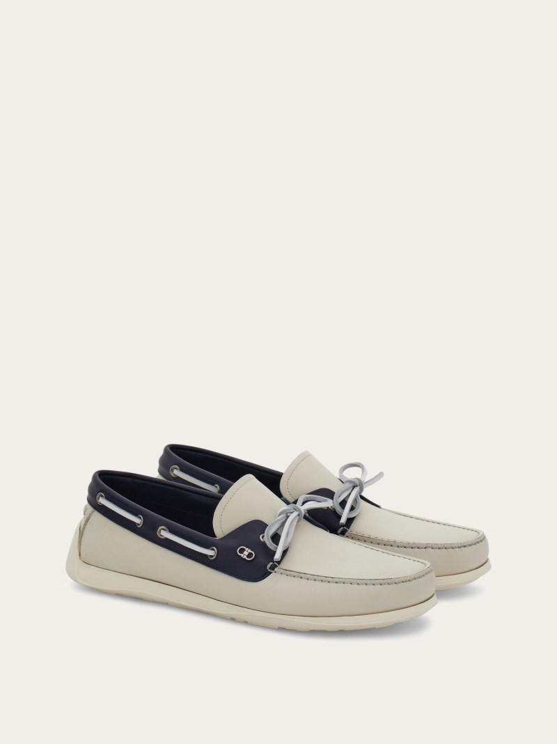 Ferragamo | Men's Boat Shoe With Gancini Ornament - Mascarpone/Navy Blue
