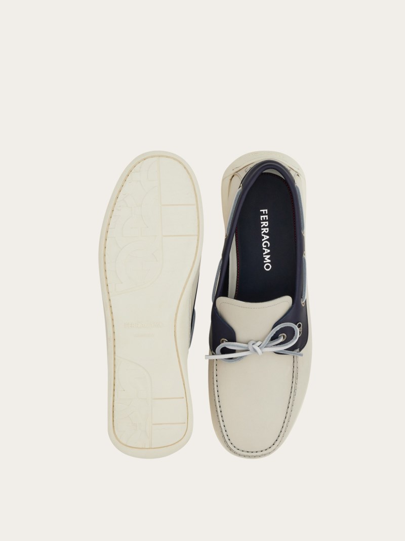 Ferragamo | Men's Boat Shoe With Gancini Ornament - Mascarpone/Navy Blue