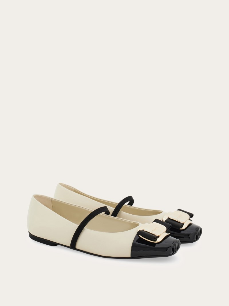 Ferragamo | Women's New Vara Plate Bicolor Ballet Flat - Mascarpone/Black