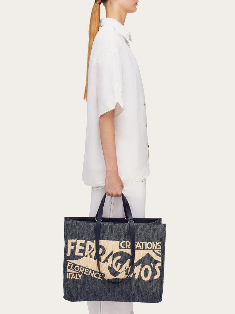 Ferragamo | Women's Tote Bag With Logo - Denim/Natural