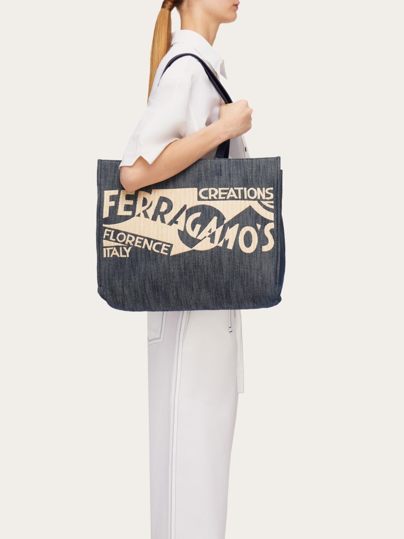 Ferragamo | Women's Tote Bag With Logo - Denim/Natural