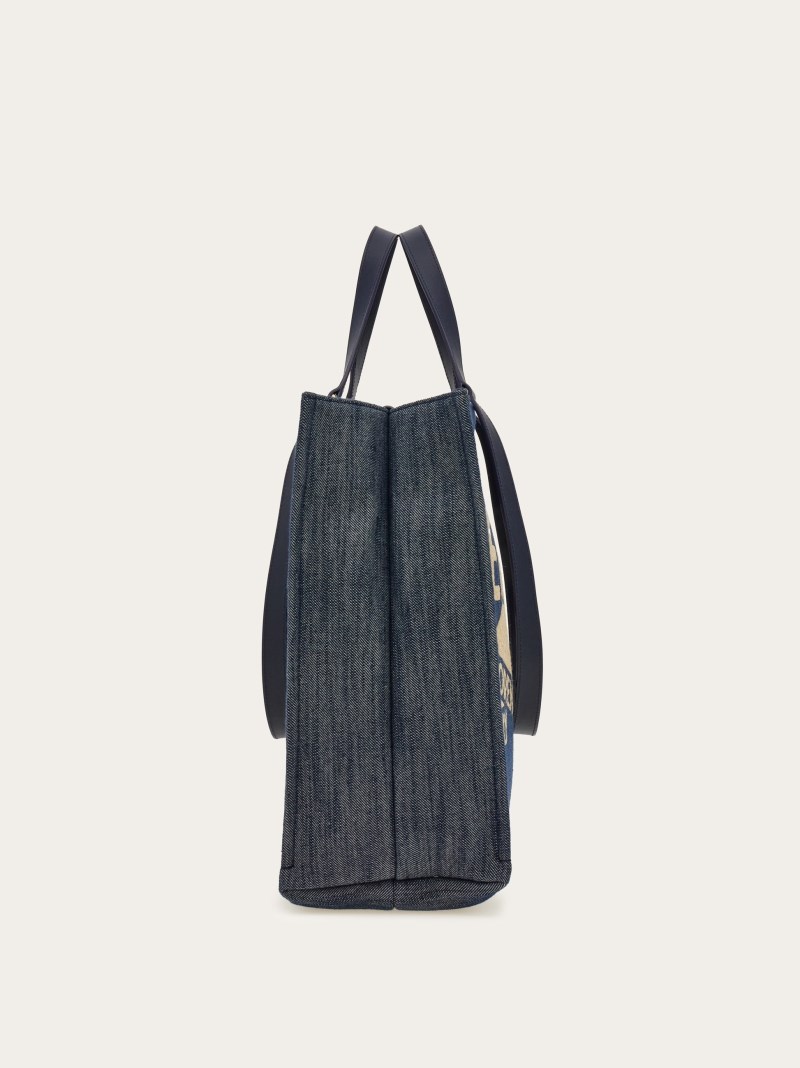 Ferragamo | Women's Tote Bag With Logo - Denim/Natural