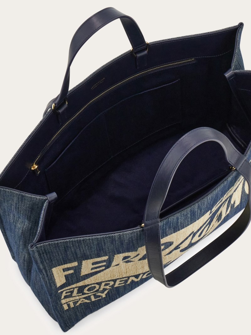 Ferragamo | Women's Tote Bag With Logo - Denim/Natural